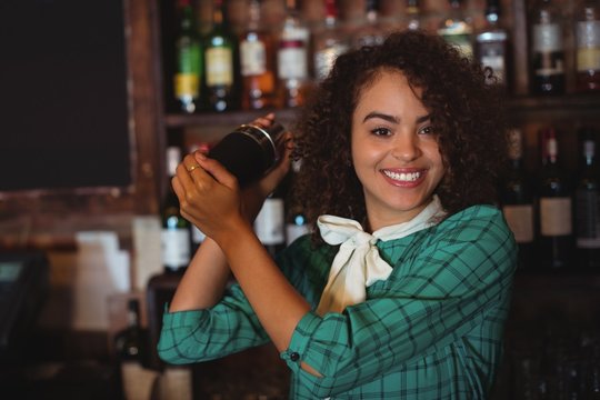 Portrait Of Female Bartender Mixing A Cocktail Drink 