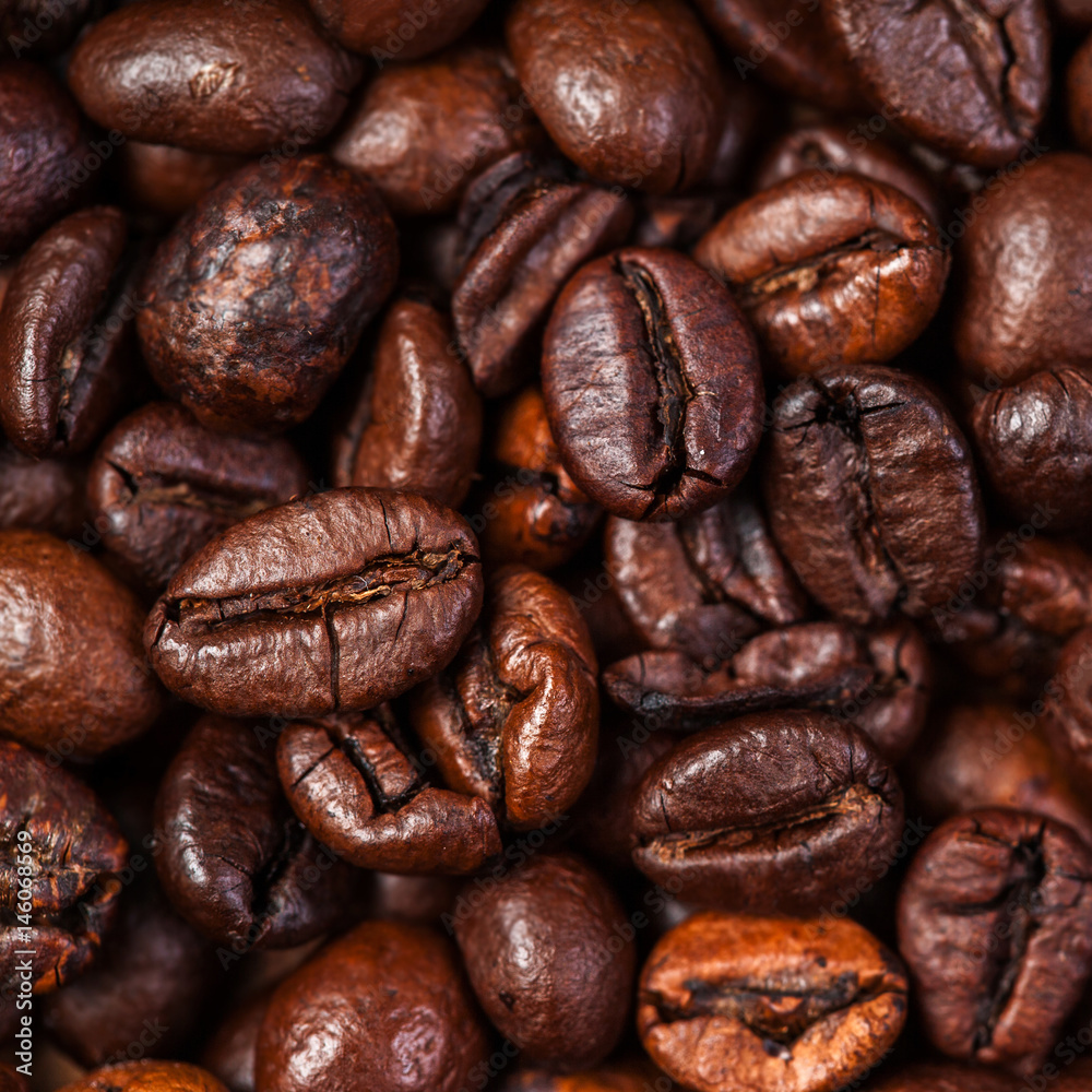 Aufkleber coffee beans background macro. dark roasted coffee beans textured wallpaper for your design with cop