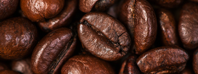 Coffee beans macro on a brown background