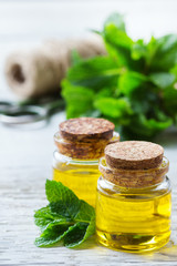 Organic essential mint oil with green leaves