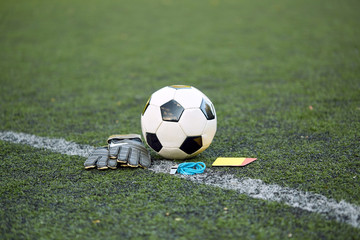 Fototapeta premium ball, gloves, whistle and cards on soccer field