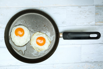 Top view on fried eggs and a pan