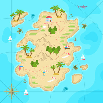 Cartoon tropical island in ocean. Top view exotic island map. Vector game design for app.