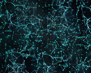 Abstract blue polygonal space background with connecting dots. 3d illustration