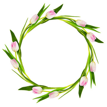 Pink And White Tulip Flowers Round Frame