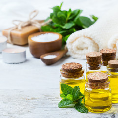 Organic essential oil with green mint leaves, spa concept
