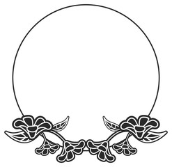 Black and white round frame with floral silhouettes.  Vector clip art