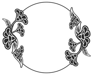 Black and white round frame with floral silhouettes.  Vector clip art