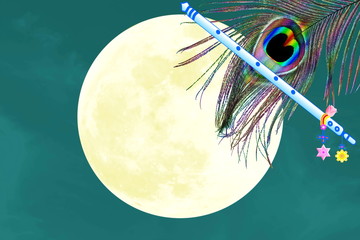   peacock feather and flute over moon background with text copy space