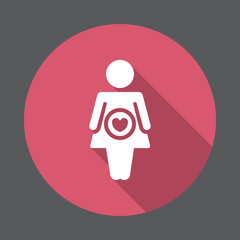 Pregnant woman flat icon. Round colorful button, circular vector sign with long shadow effect. Flat style design