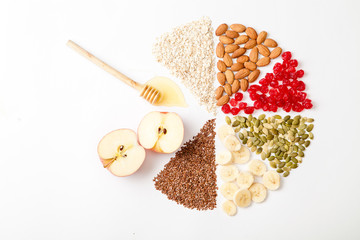Granola ingredients in diagram form with honey, banana and apple on white background. Healthy breakfast concept