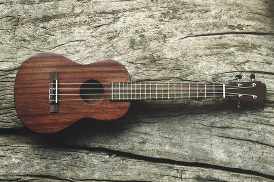 Close-up ukulele on wood background.