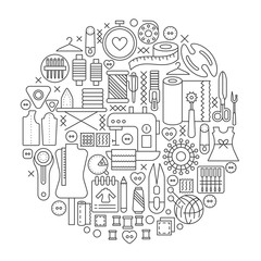 Sewing tools concept in circle - concept line vector illustration for cover, emblem, badge. Cutting supplies stroke outline icons set.