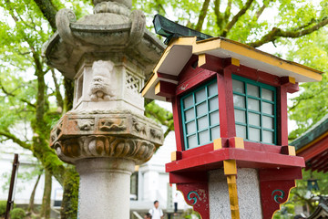 Japanese stone and wooden lantern in temple