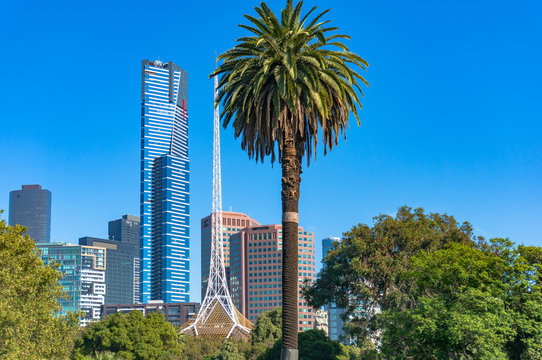 Eureka tower and Melbourne Southbank cityscape on sunny day