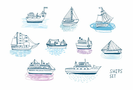 Hand drawn doodle ships set. Colorful illustrations collection.