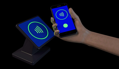 3D illustration of a human hand paying with NFC technology at a tap and pay terminal with a mobile phone. Phone, terminal and payment graphics are fictitious.