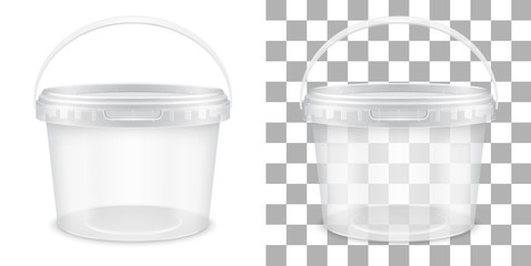 Transparent empty plastic bucket for storage of food or non-food products. Vector packaging template illustration. - obrazy, fototapety, plakaty
