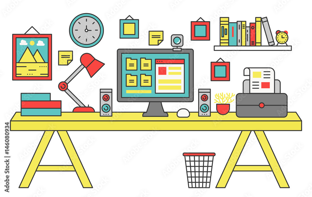 Poster vector illustration of a computer placed on an office desk. flat color line style.