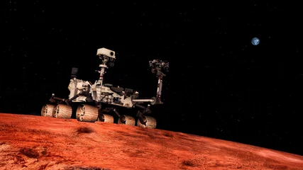 Selbstklebende Fototapeten Extrem detailliertes und realistisches hochauflösendes 3D-Bild von Space Exploration Vehicle Curiosity auf der Suche nach Leben auf dem Mars. Aus dem Weltraum geschossen. Elemente dieses Bildes werden von der NASA bereitgestellt. © Sasa Kadrijevic