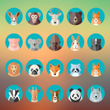Flat Style Vector Animal Portraits or Avatars Icon Set with Blurred Abstract Background