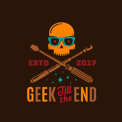 Geek Till The End Abstract Vector Emblem, Sign or Logo Template. Funny Skull Face in Glasses with Crossed Monopod and Screwdriver. Retro Typography. Dark Background