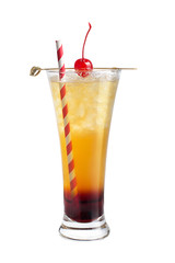 Alcohol cocktail with a tube and maraschino cherry on a white background