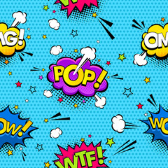 Comic speech bubbles and splashes with different emotions and text Wow, Omg, Pop, WTF on dots background. Vector bright dynamic cartoon seamless pattern.