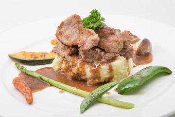 Mash potato Pork Steak  with Black Pepper Sauce