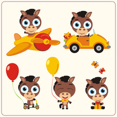 Set isolated horse for holiday design. Little horse in airplane, car, with balloons and gifts. Collection funny horse in cartoon style for children holiday and birthday.