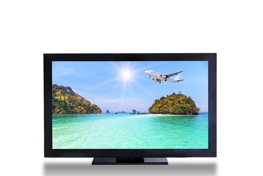 television TV screen with airplane landing above sea landscape picture isolated on white background