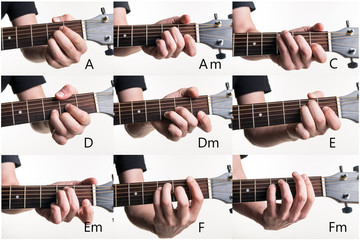 The most popular chords are A, Am, C, D, Dm, E, Em, F, Fm on a guitar, on a white background. Horizontal frame - obrazy, fototapety, plakaty