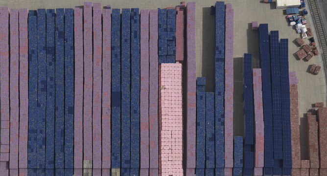 Directly above view of stacked containers at railway yard, Dortmund, North Rhine-Westphalia, Germany