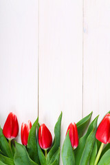 Bouquet of pink tulips on white wooden background. Top view, copy space. Happy mother's day.