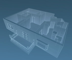 Apartment House with Rooms and Balcony Illustrated in Architectural 3D Blueprint Drawing