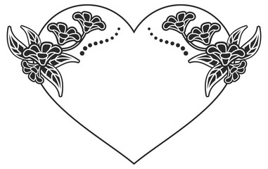Heart-shaped black and white frame with floral silhouettes.  Vector clip art.