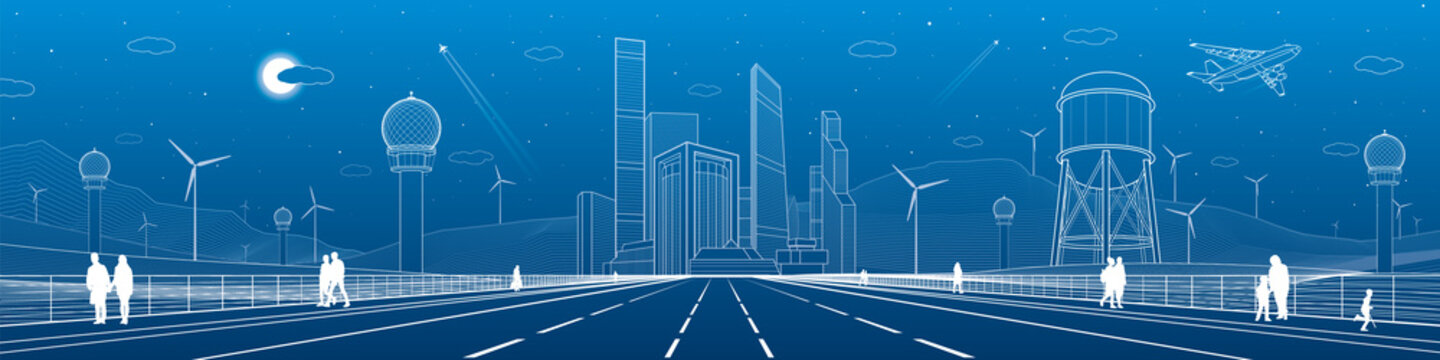 Infrastructure panorama. Large highway, business center, architecture and urban, neon city, wind turbines, water tower,  white lines, dynamic composition, vector design art