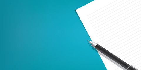 The pen is placed above the line paper on a blue background illustration vector, Education concept.