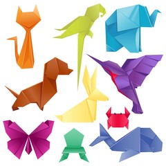 Animals origami set japanese folded modern wildlife hobby symbol creative decoration vector illustration. - obrazy, fototapety, plakaty