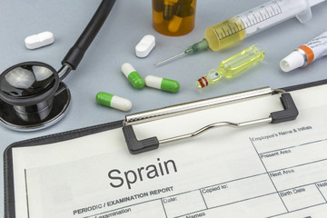 Sprain, medicines and syringes as concept of ordinary treatment health