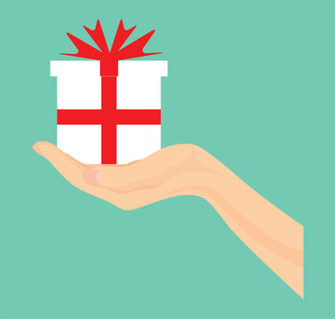 Vector Of Hand Open Giftbox, Give, Presenting Gift With Red Ribbon.