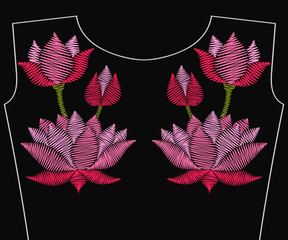 Embroidery pink lotus flower with leaves for neckline. Vector fashion embroidered floral ornament, fancywork pattern for textile, fabric traditional folk decoration. Asian wildflower.