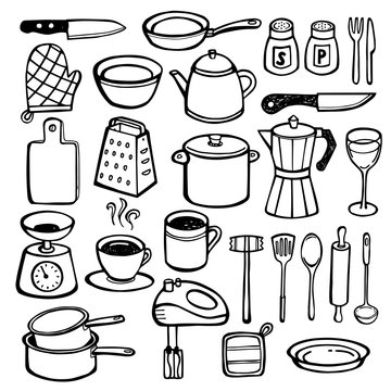 Kitchen Doodles - hand drawn kitchen tools, pans, pots, cups, cutlery.