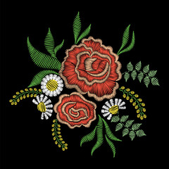 Embroidery stitches rose flowers for neckline. Vector fashion ornament on black background for textile, fabric traditional folk floral decoration. - 146091961