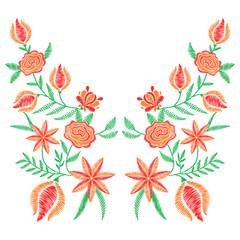 Embroidery stitches with spring flowers, wildflowers, roses in pastel color for neckline. Vector fashion embroidered ornament, fancywork pattern for textile, fabric traditional folk decoration. - 146092567