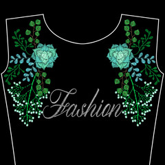 Embroidery stitches with wild flowers, succulents, fashion word for neckline, bomber back. Vector embroidered modern ornament on black background for fabric traditional decoration.