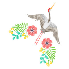 Embroidery with Asian crane, spring wildflowers for decor. Vector fashion embroidered ornament, pattern with flowers for textile, fabric traditional folk decoration.