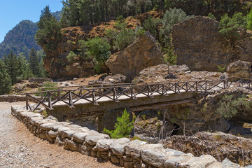 Small bridge across river in old abandoned village of Rumeli on island of Crete. Path through the...