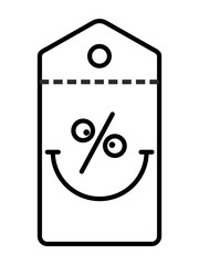 Percent sign is forming funny crazy smiling face on a price tag as a symbol of huge sale and discount. Vector illustration.