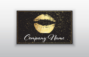 Makeup artist business card. Business cards template with gold lips print and black brush